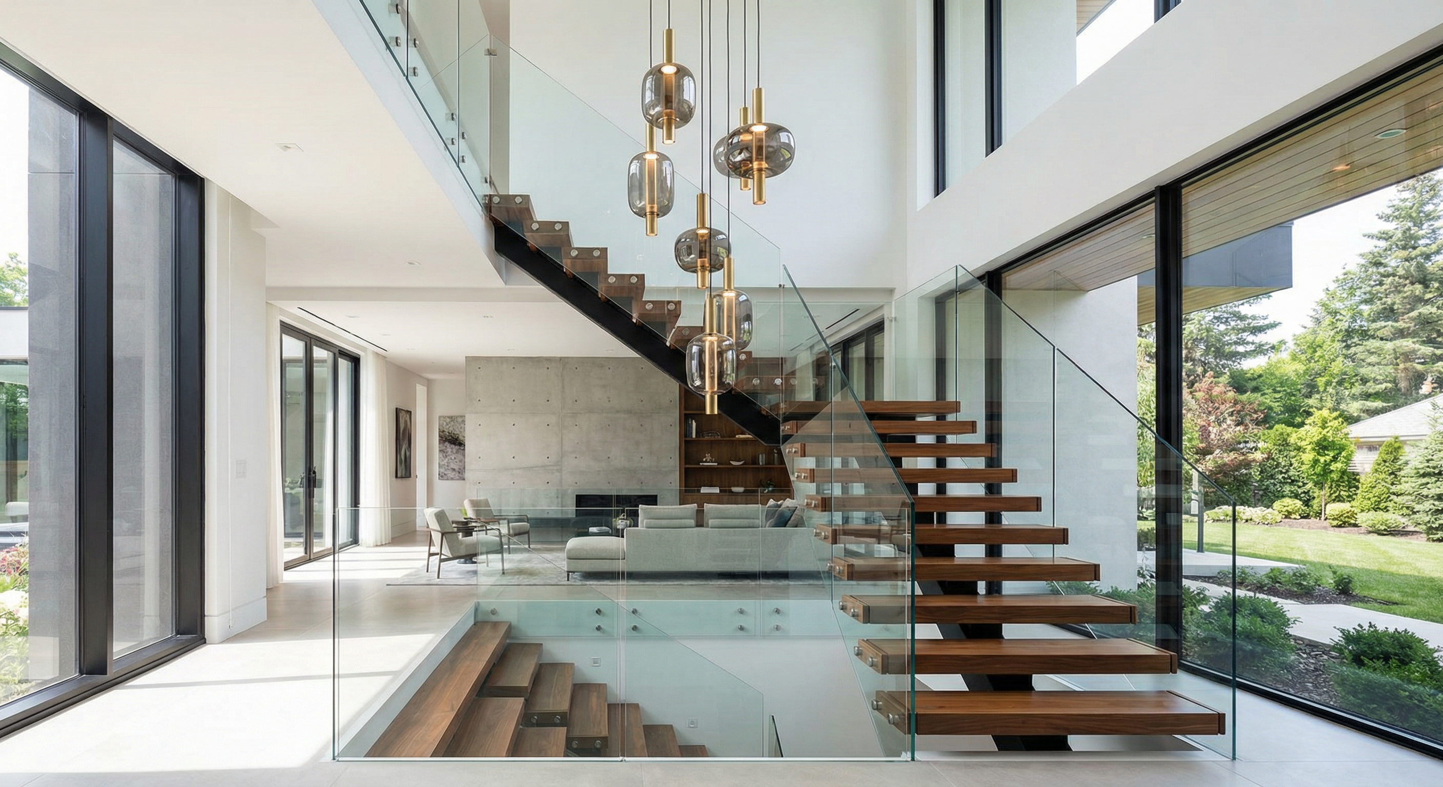 Modern floating staircase with glass panels